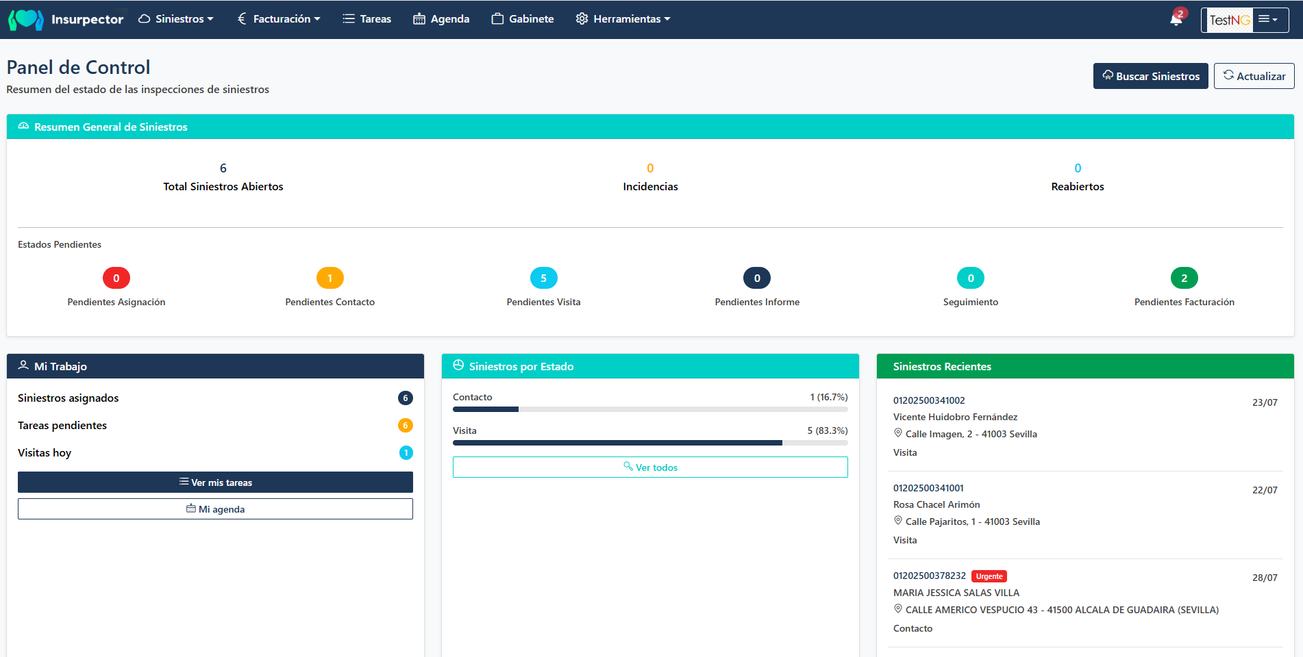 Dashboard principal de Insurpector